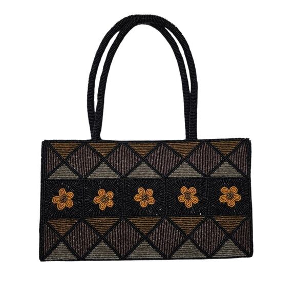Handmade Black Beaded Floral Pattern Evening Bag With Dual Handles Zipper - Picture 1 of 16